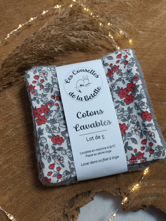 Lot de 5 cotons lavables - motif Liberty rouge