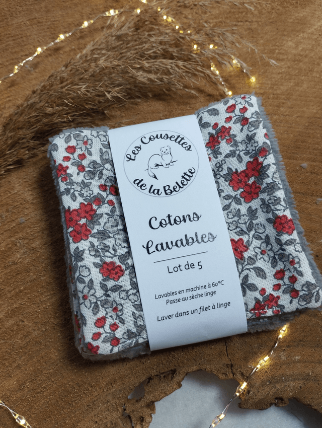 Lot de 5 cotons lavables - motif Liberty rouge